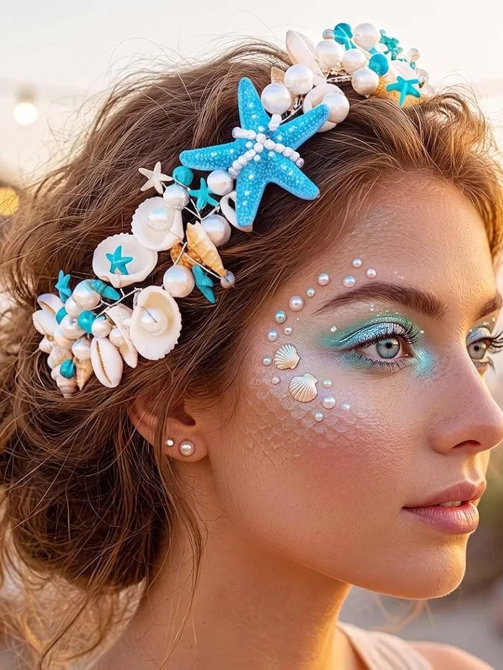 Hairpiece - Beach-Inspired Pearl & Shell with Blue Starfish Accent